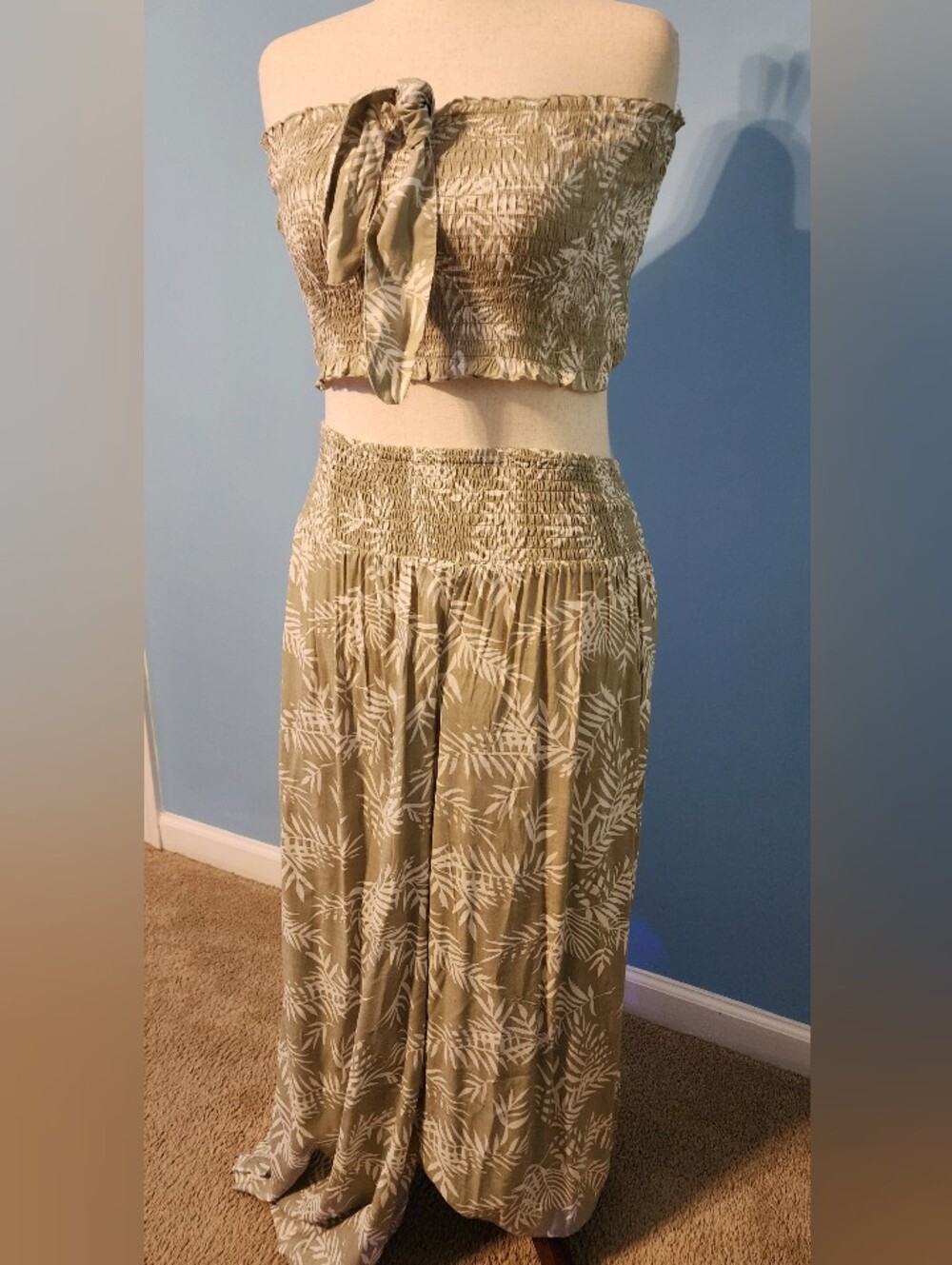 Smocked Olive Green Leaf Print Maxi Tub Top And Pants